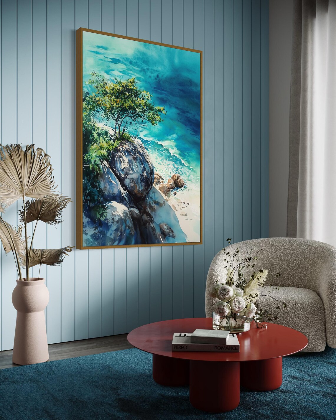 Coastal Watercolor Ocean Cliff Landscape, Beach Decor - Image 2