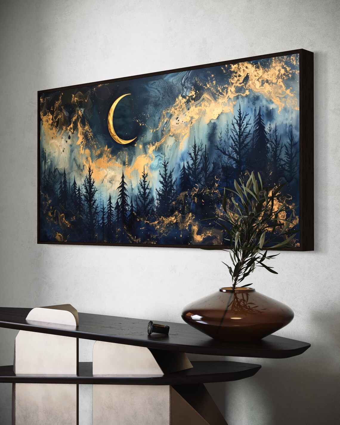 Dreamy Celestial Forest Panorama Starry Night Print And Crescent Moon Art On Navy Blue For Moody Long Narrow Wall Decor - Image 3
