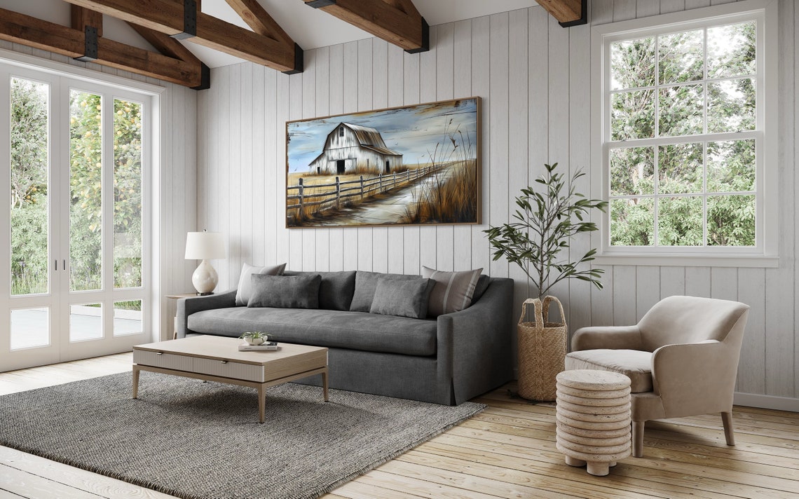 White Barn Country Road Wheat Field Rustic Panoramic Wall Art - Image 4