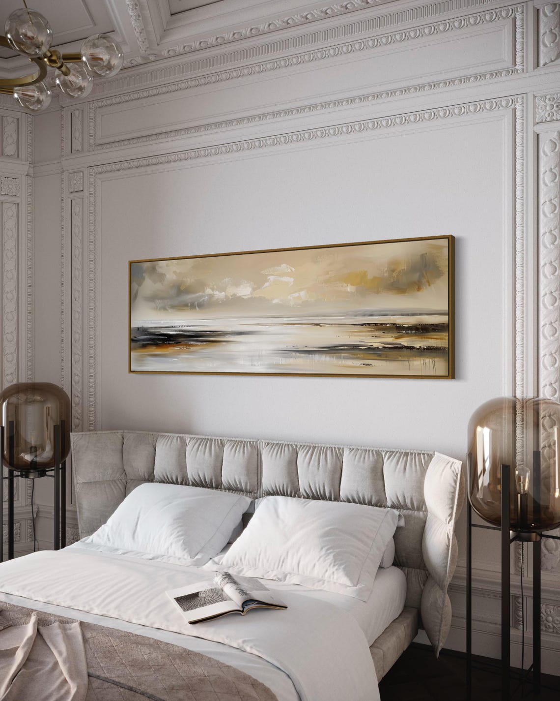 Calming Coastal Abstract Beige Grey Gold Panoramic Wall Art Print - Image 5