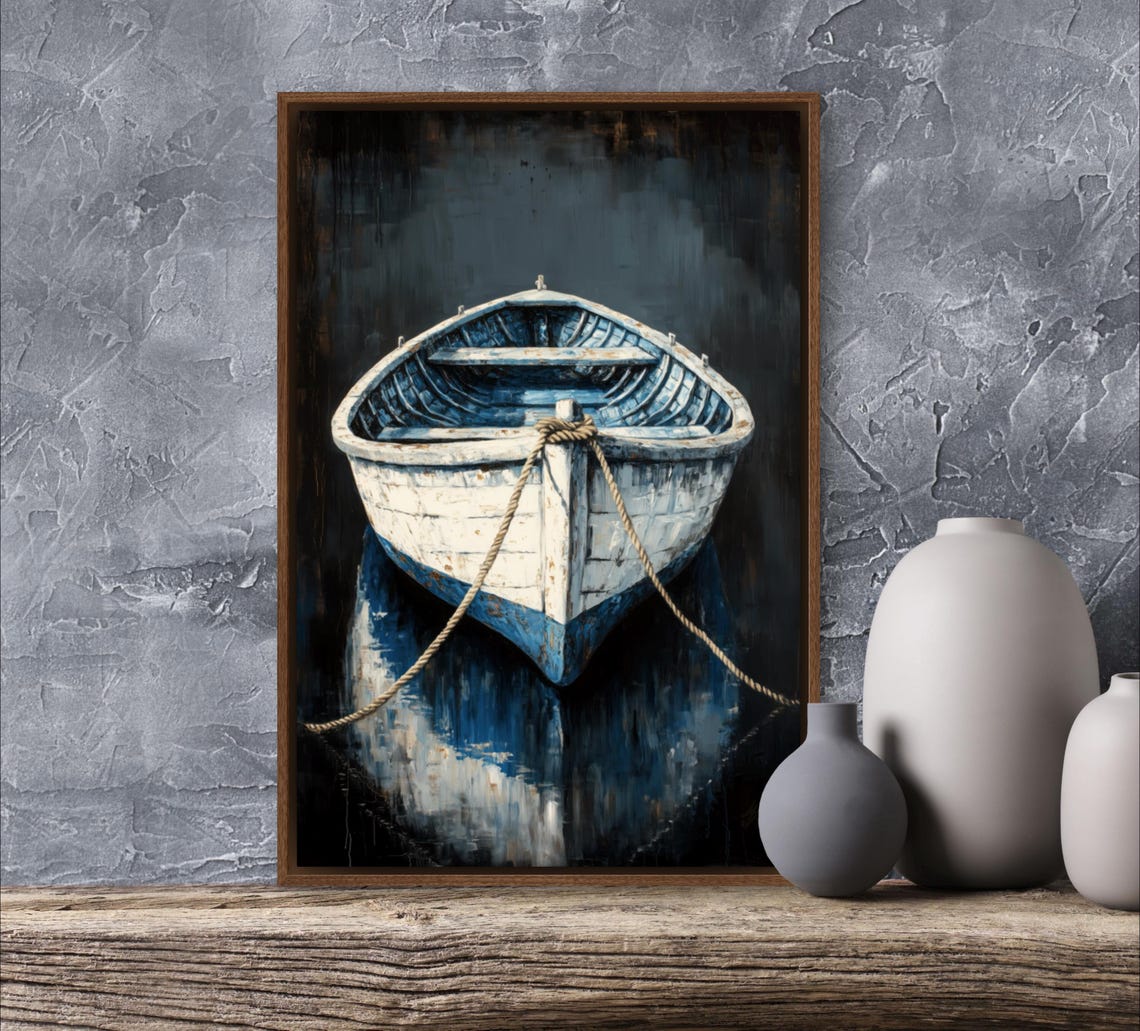 Weathered White Wooden Rowboat Moody Nautical Painting Coastal Poster - Image 4