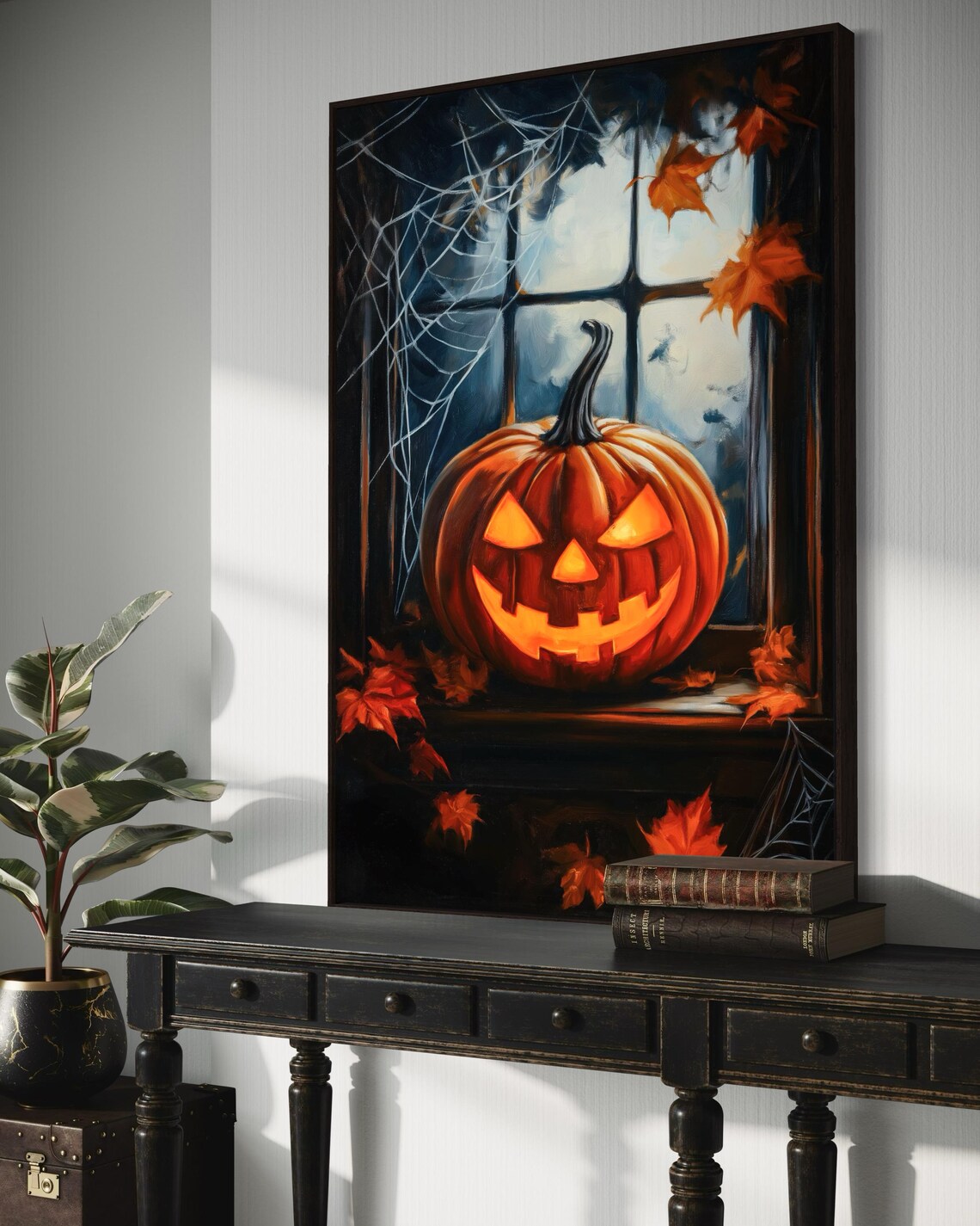 Spooky Jack O Lantern Window Cobwebs Autumn Leaves Halloween Art Print - Image 5