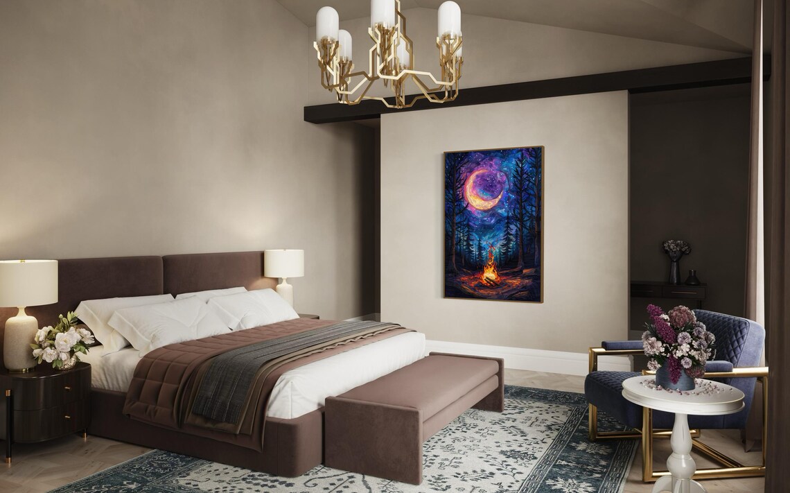 Enchanted Forest Campfire Art Starry Night Poster And Celestial Wilderness Painting Print And Moonlight Print For Home Decor - Image 3
