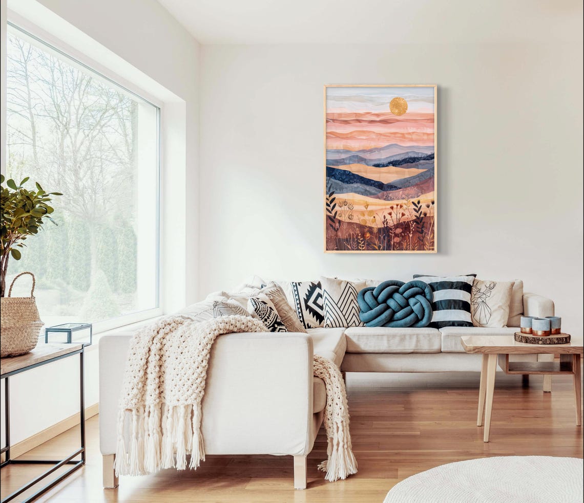 Minimalist Boho Mountain Sunset Earth Tone Layered Landscape Print - Image 4