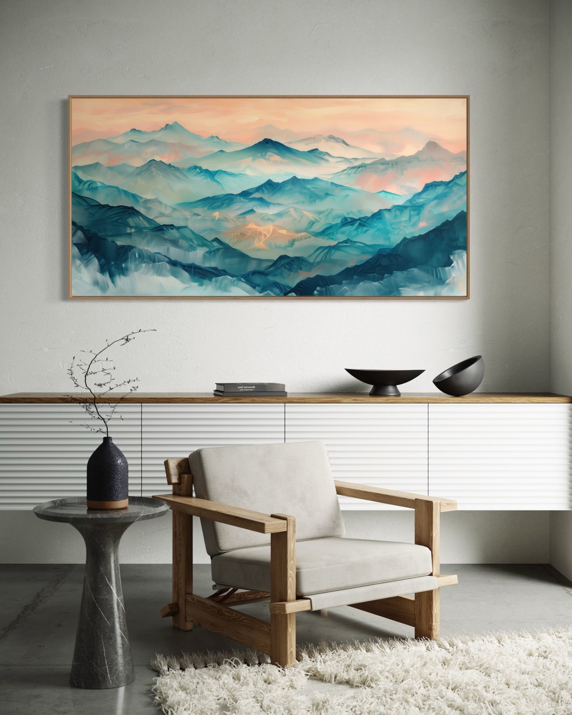 Misty Blue Mountain Peaks Peach Dawn Sky Layered Panoramic Poster - Image 2