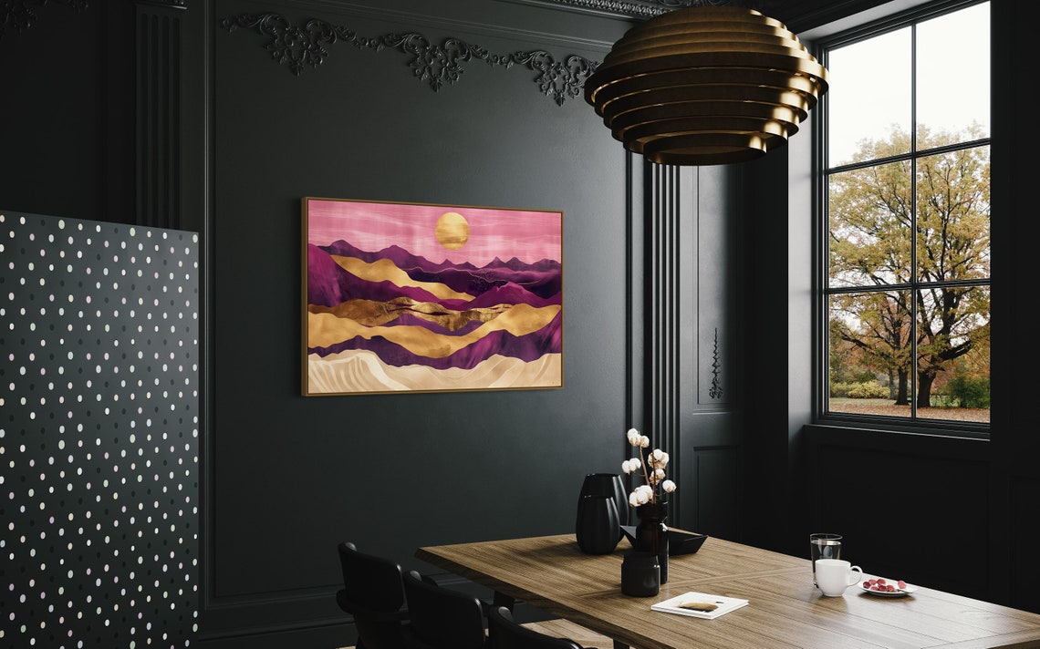 Purple Mountains Golden Sunset Geometric Modern Landscape Art Print - Image 3