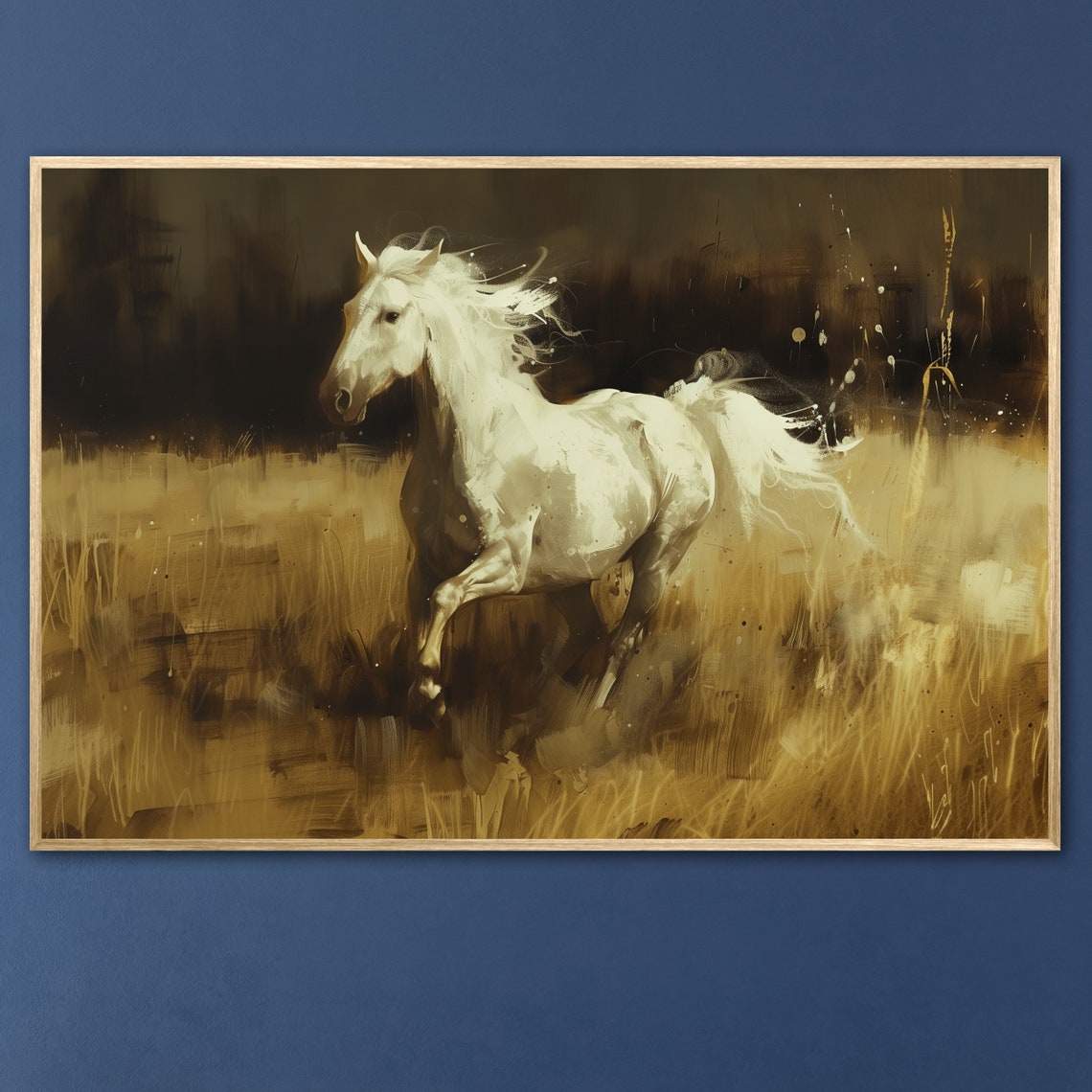 Majestic White Horse Galloping Through Golden Field Art Poster - Image 5