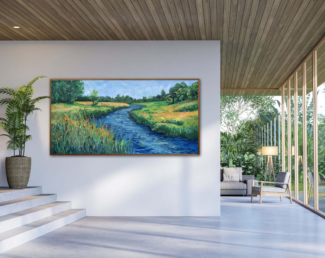 Emerald Green Meadow River Panoramic Peaceful Nature Art Poster - Image 2