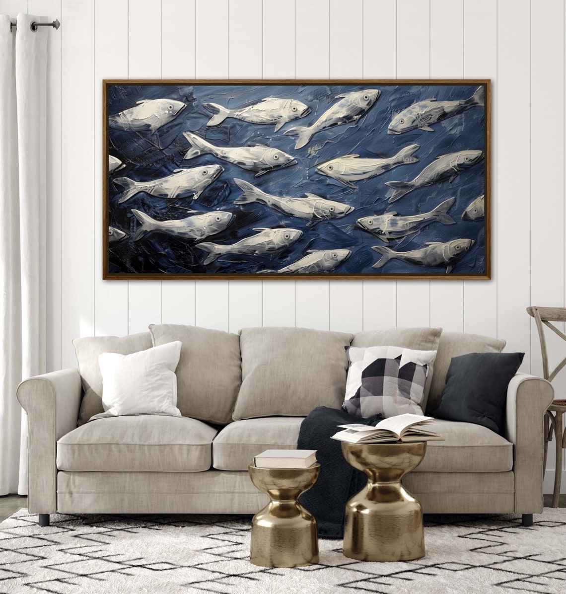 School of Fish White Navy Textured Underwater Ocean Art Print - Image 2
