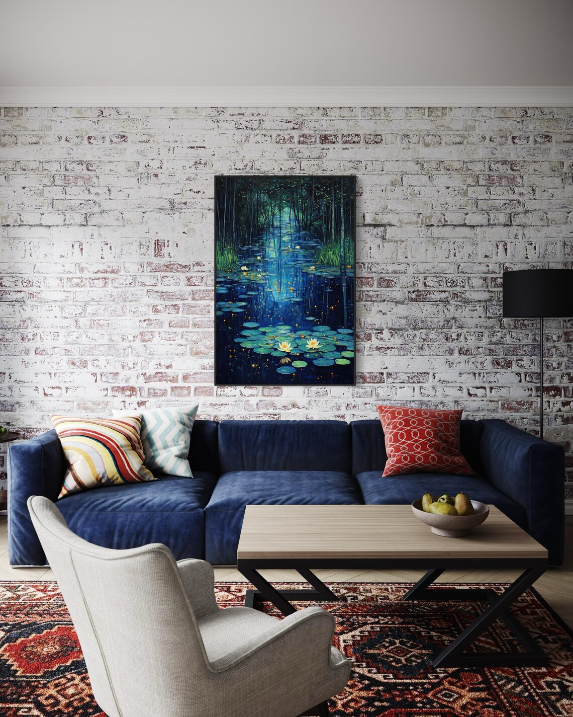Moonlit Pond with Water Lilies and Fireflies Art Print - Image 2