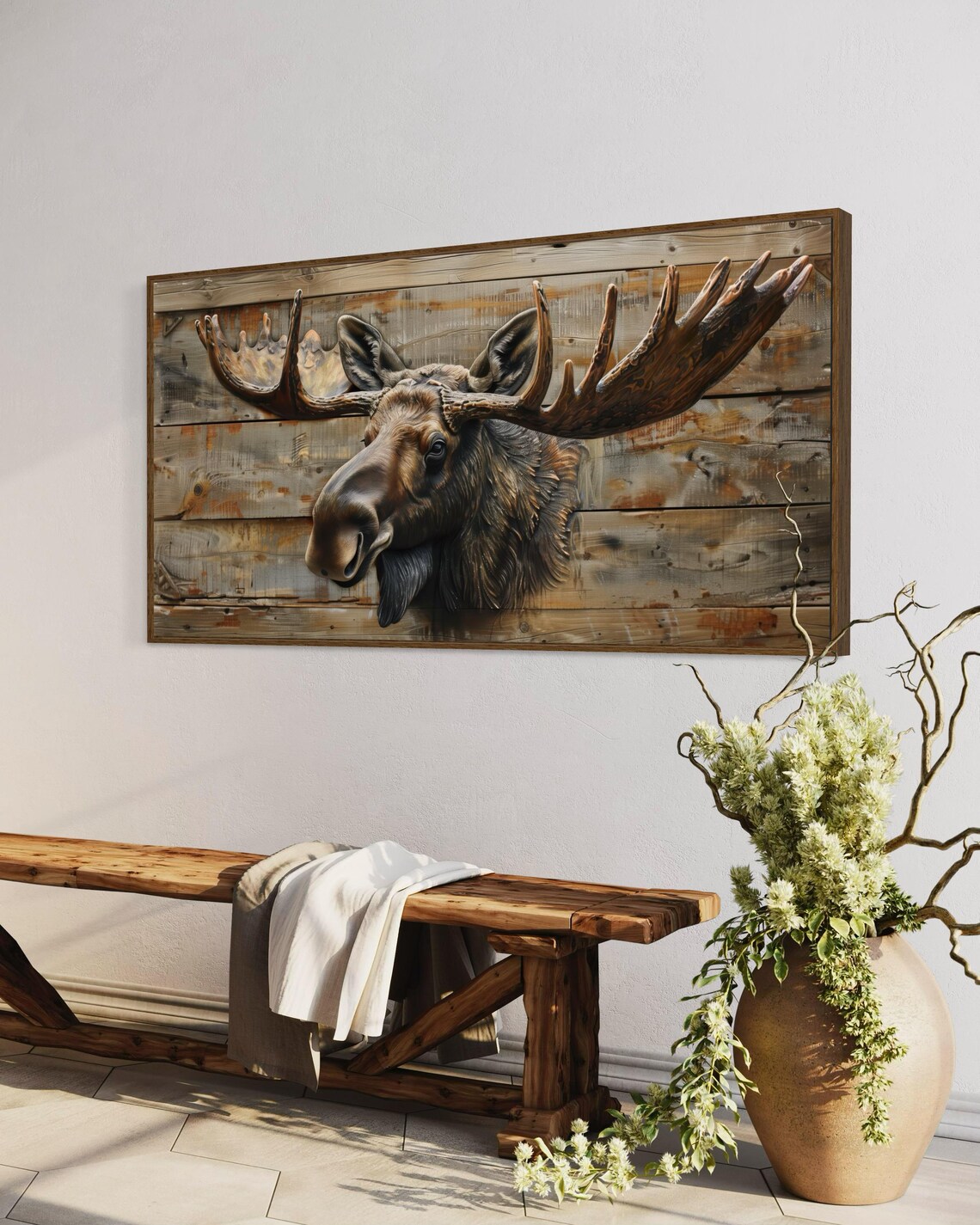 Majestic Moose Head Antlers Rustic Wood Plank Panoramic Wildlife Art Poster - Image 5
