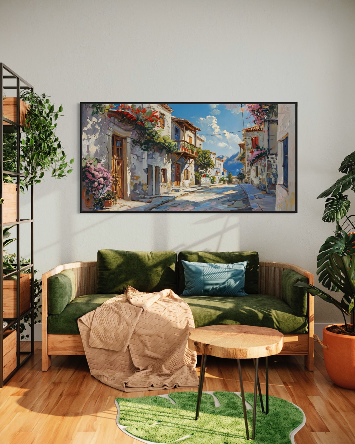 Mediterranean Village Street Blooming Flowers Sunny Old Town Poster - Image 4