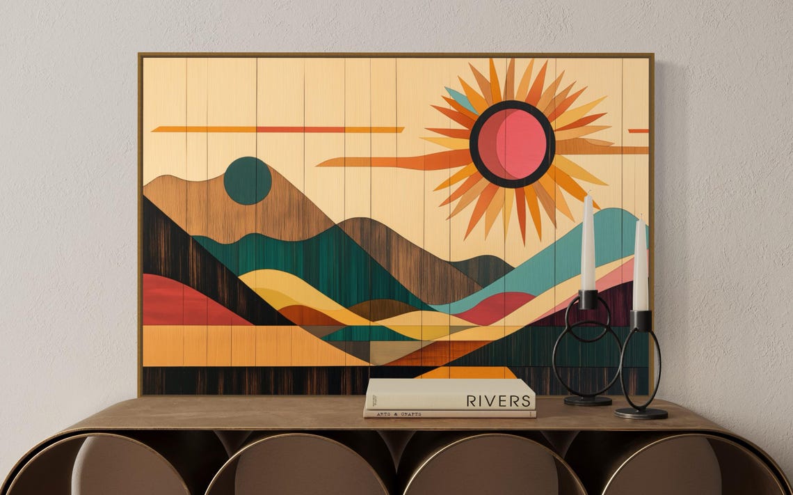 Mid Century Modern Sunburst Desert Mountains Geometric Wall Art Print - Image 5