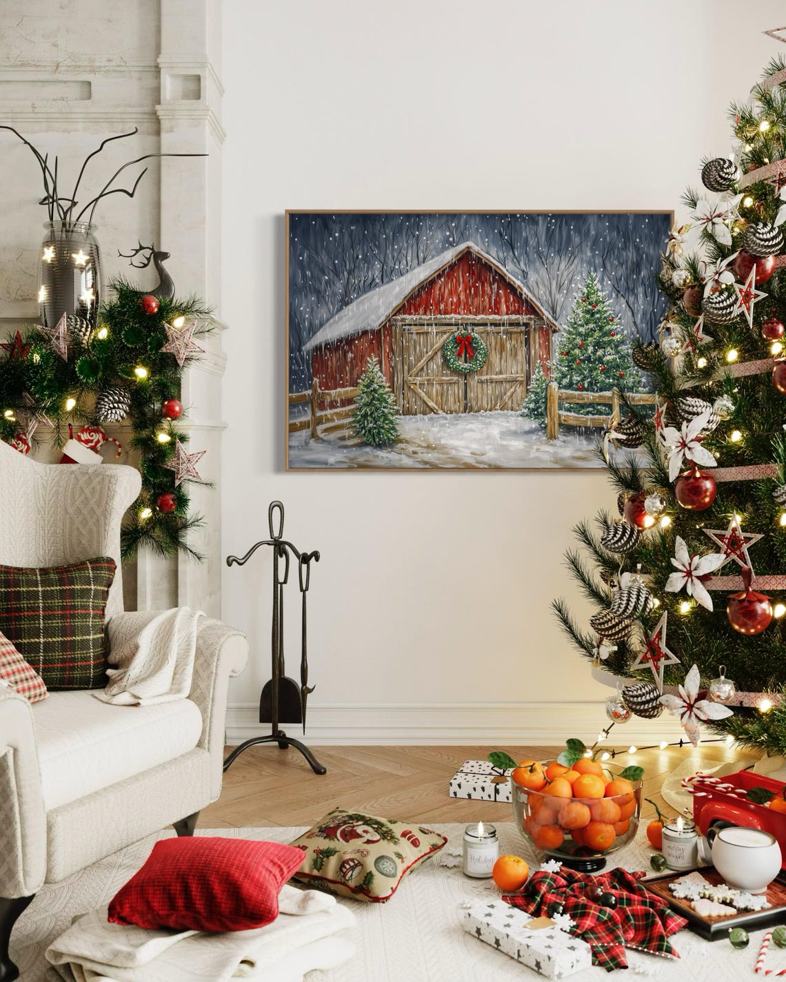 Rustic Red Barn Christmas Snowy Wreath Trees Holiday Farmhouse Print - Image 5