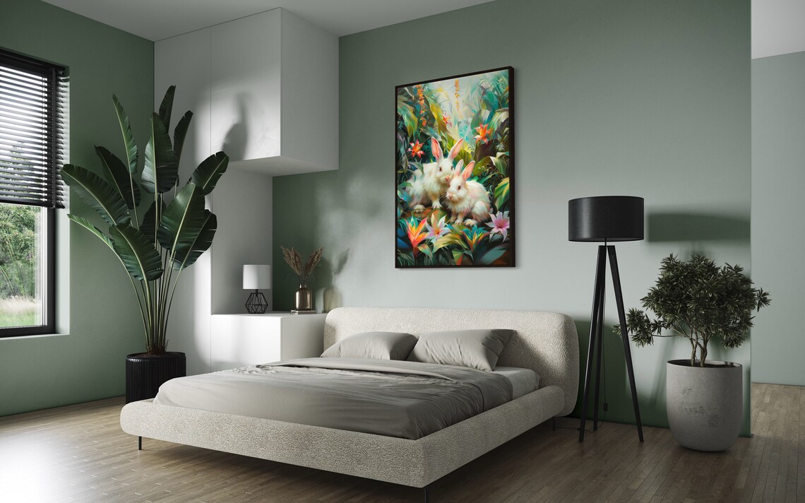 White Rabbits Tropical Garden Floral Whimsical Wildlife Wall Art - Image 4