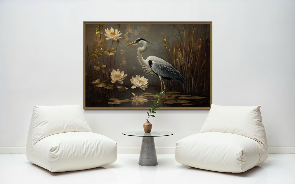 Elegant Heron Art Print, Serene Lily Pond Decor - Image 4