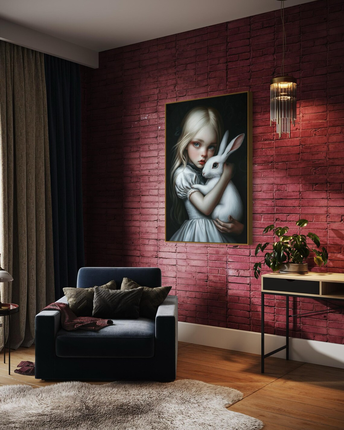 Blonde Girl Hugging White Rabbit Dark Fairytale Portrait Gothic Wall Poster - Image 2