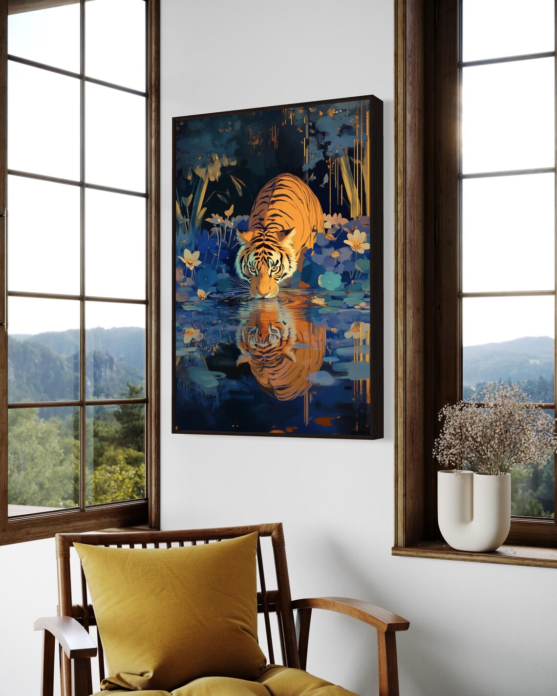 Bengal Tiger Drinking Jungle Pond Golden Reflection Night Floral Art Poster - Image 4