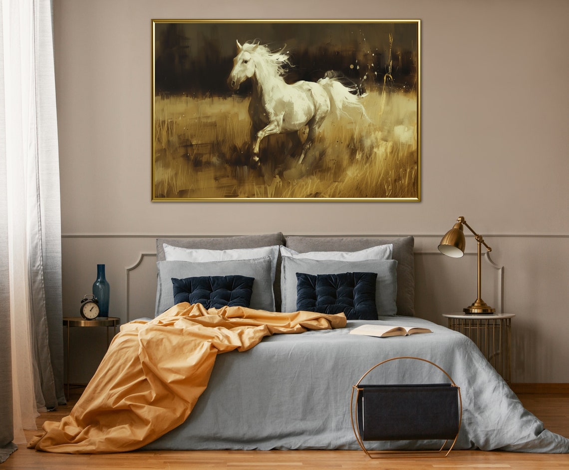 Majestic White Horse Galloping Through Golden Field Art Poster - Image 3