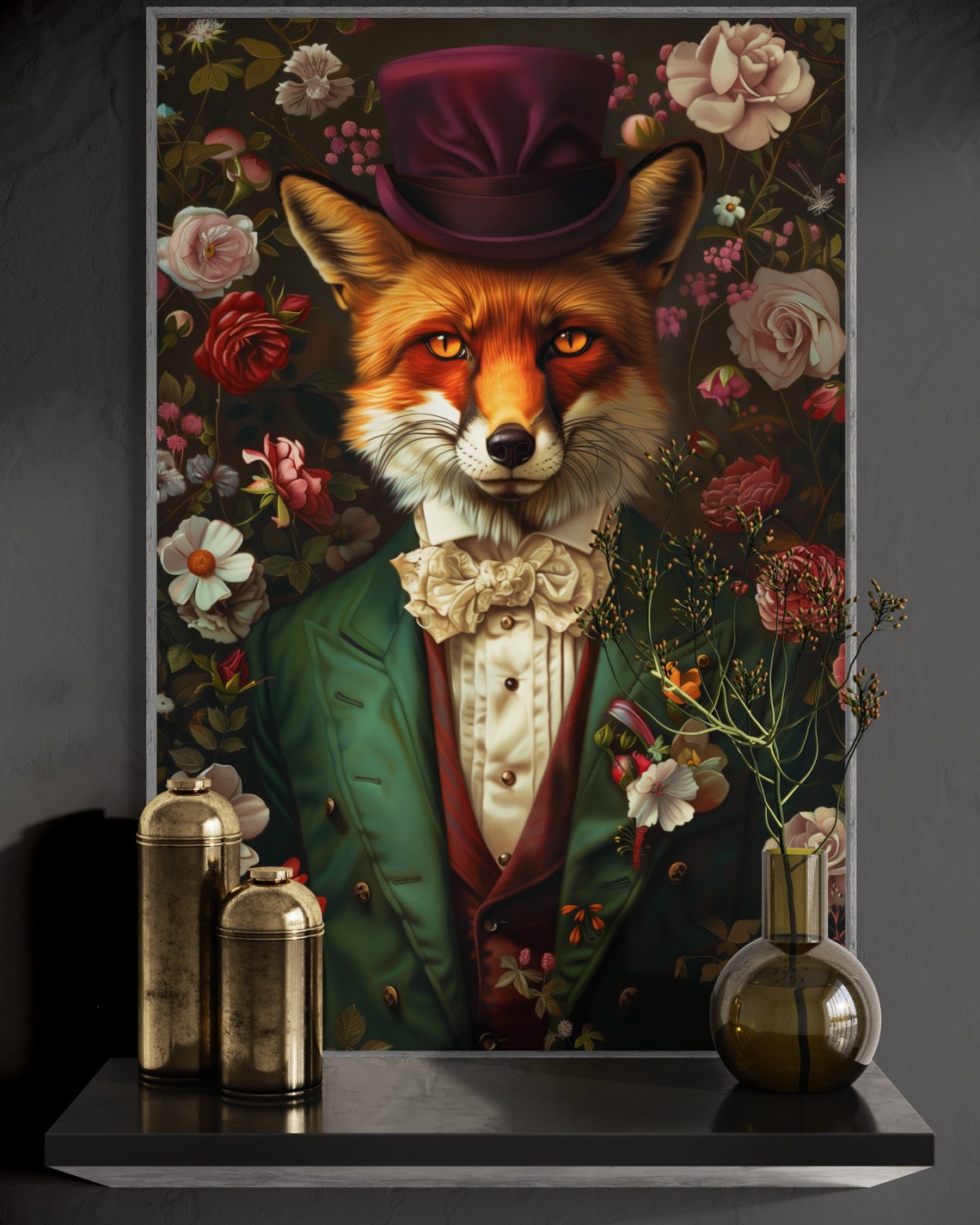 Victorian Fox Top Hat Green Coat Floral Whimsical Portrait Wall Art - Image 2