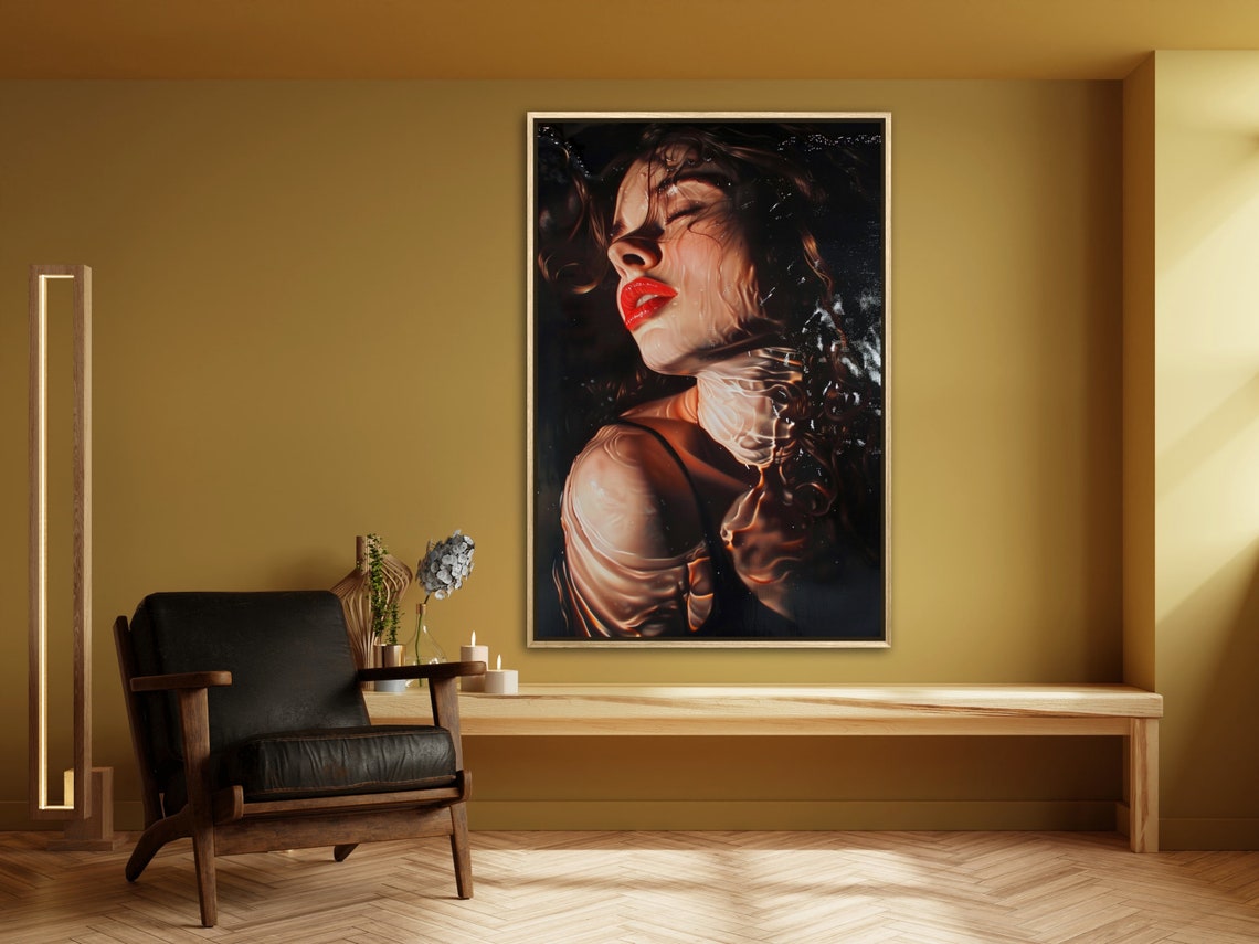 Sensual Female Portrait Water Effect Red Lips Hyperreal Art Poster - Image 2