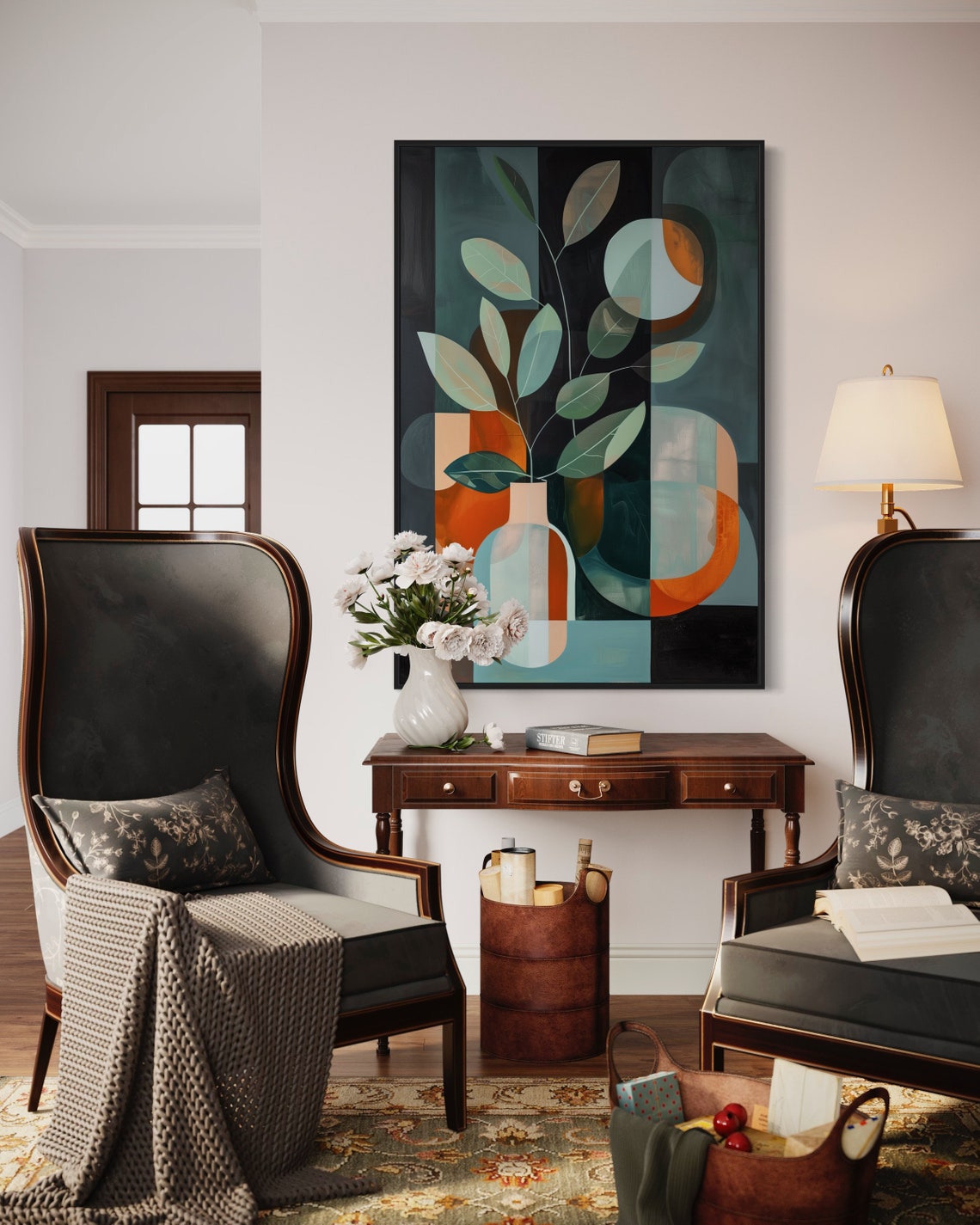 Boho Earth Tone Botanical Leaves Vase Mid Century Abstract Art Print - Image 2