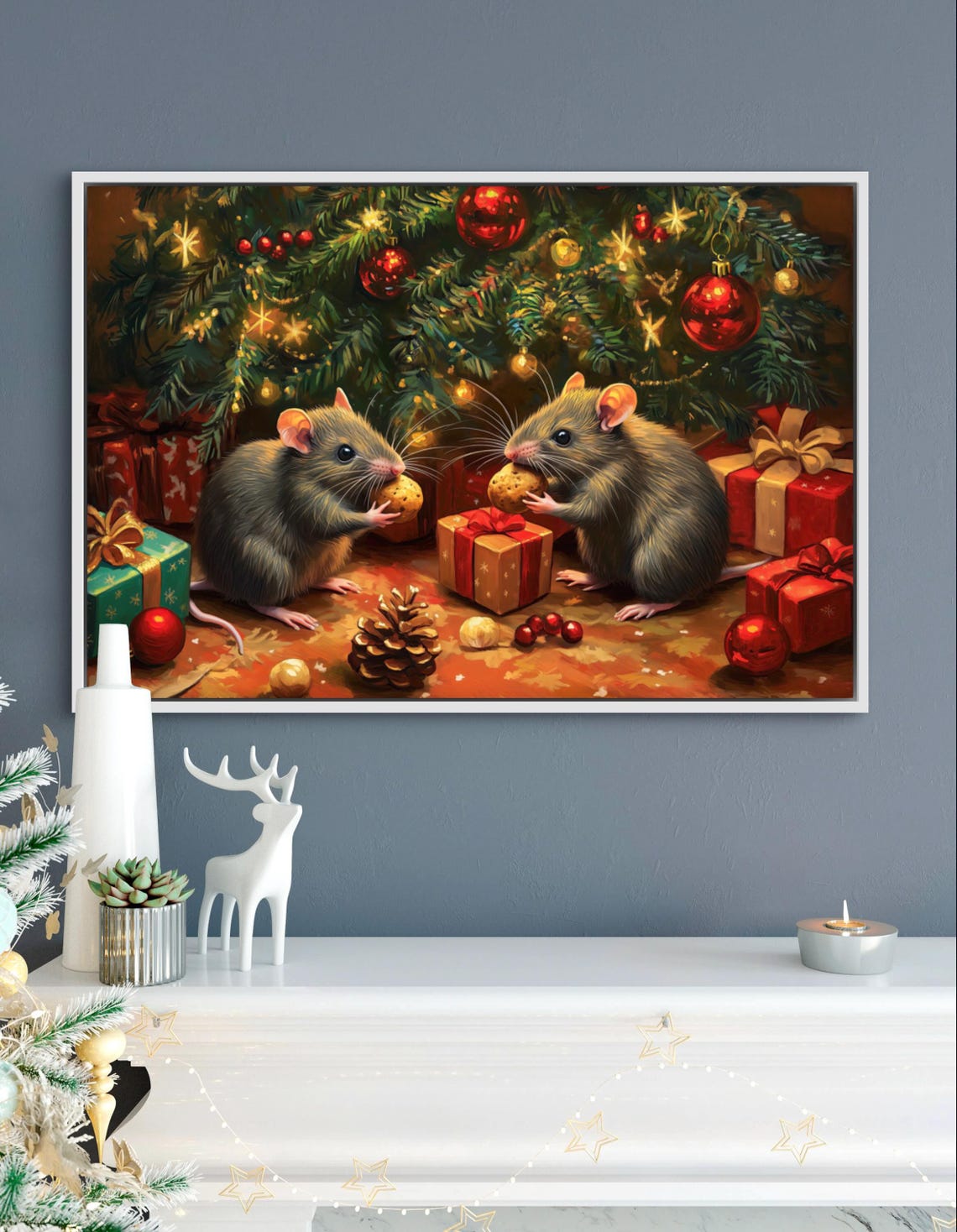 Two Cute Christmas Mice Cookies Under Tree Holiday Whimsical Art Print - Image 2