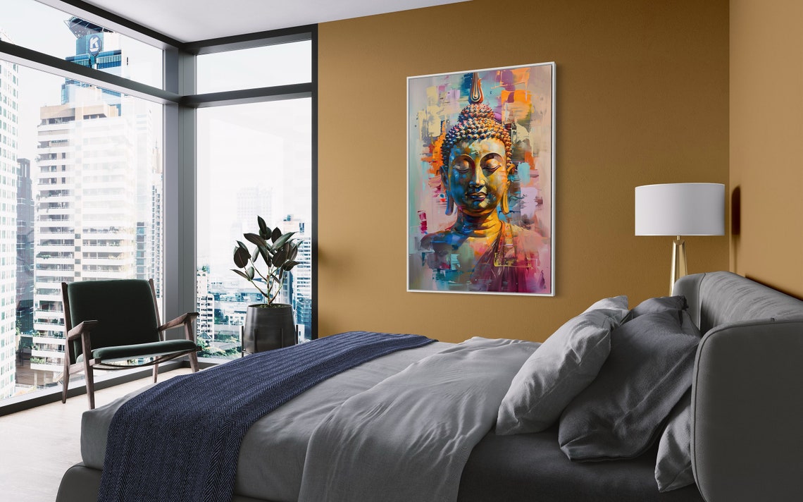 Colorful Impasto Buddha Head Zen Meditation Modern Buddhist Wall Art - Image 2
