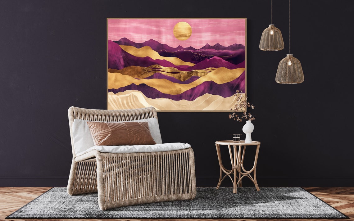 Purple Mountains And Golden Sunset Print Modern Geometric Mountains Landscape For Coquette Home Decore - Image 2