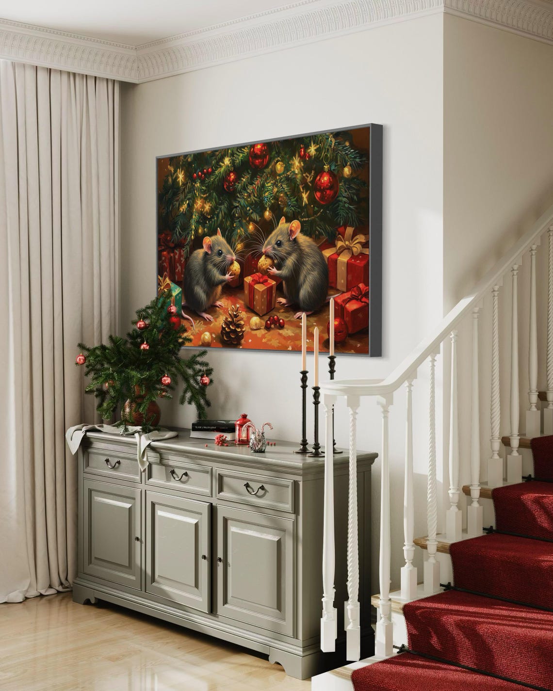 Two Cute Christmas Mice Cookies Under Tree Holiday Whimsical Art Print - Image 3