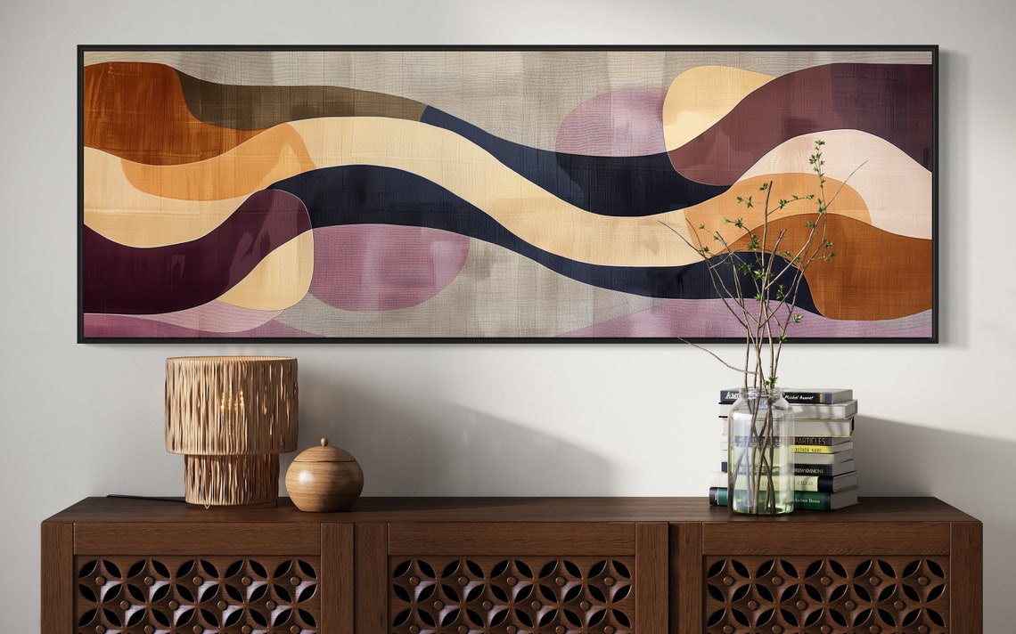 Geometric Rhythms Earthy Wavy Abstract Panoramic Mid Century Art Print - Image 3