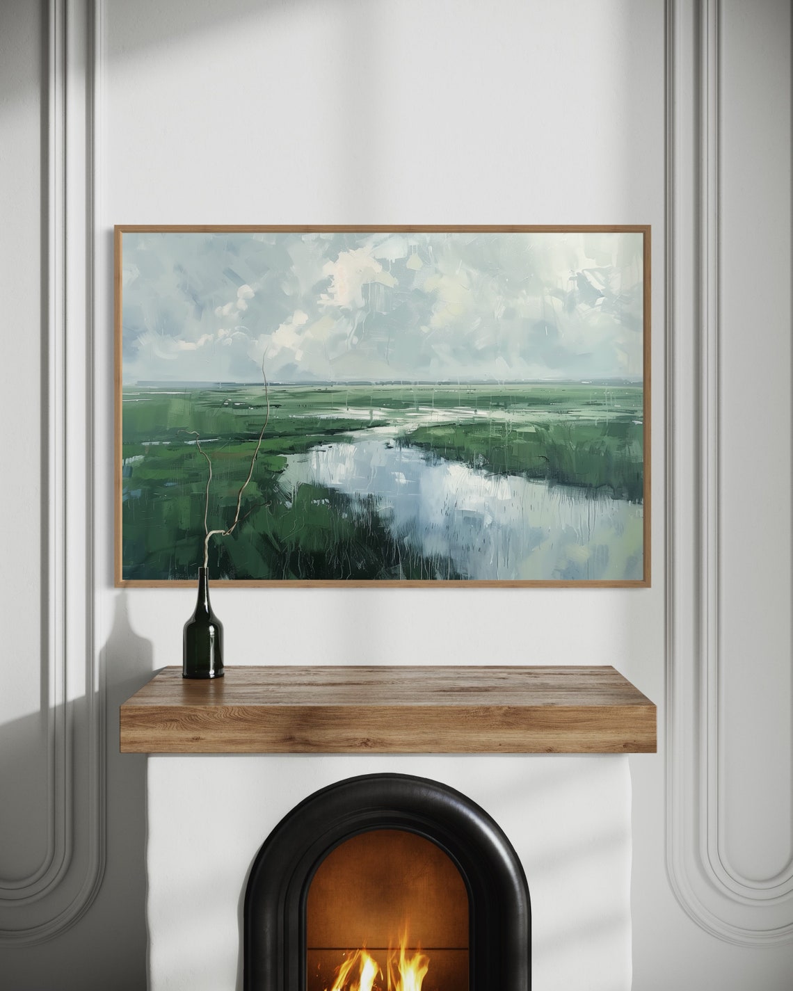 Rainy Meadow River Nostalgic Countryside Muted Greens Nature Poster - Image 4