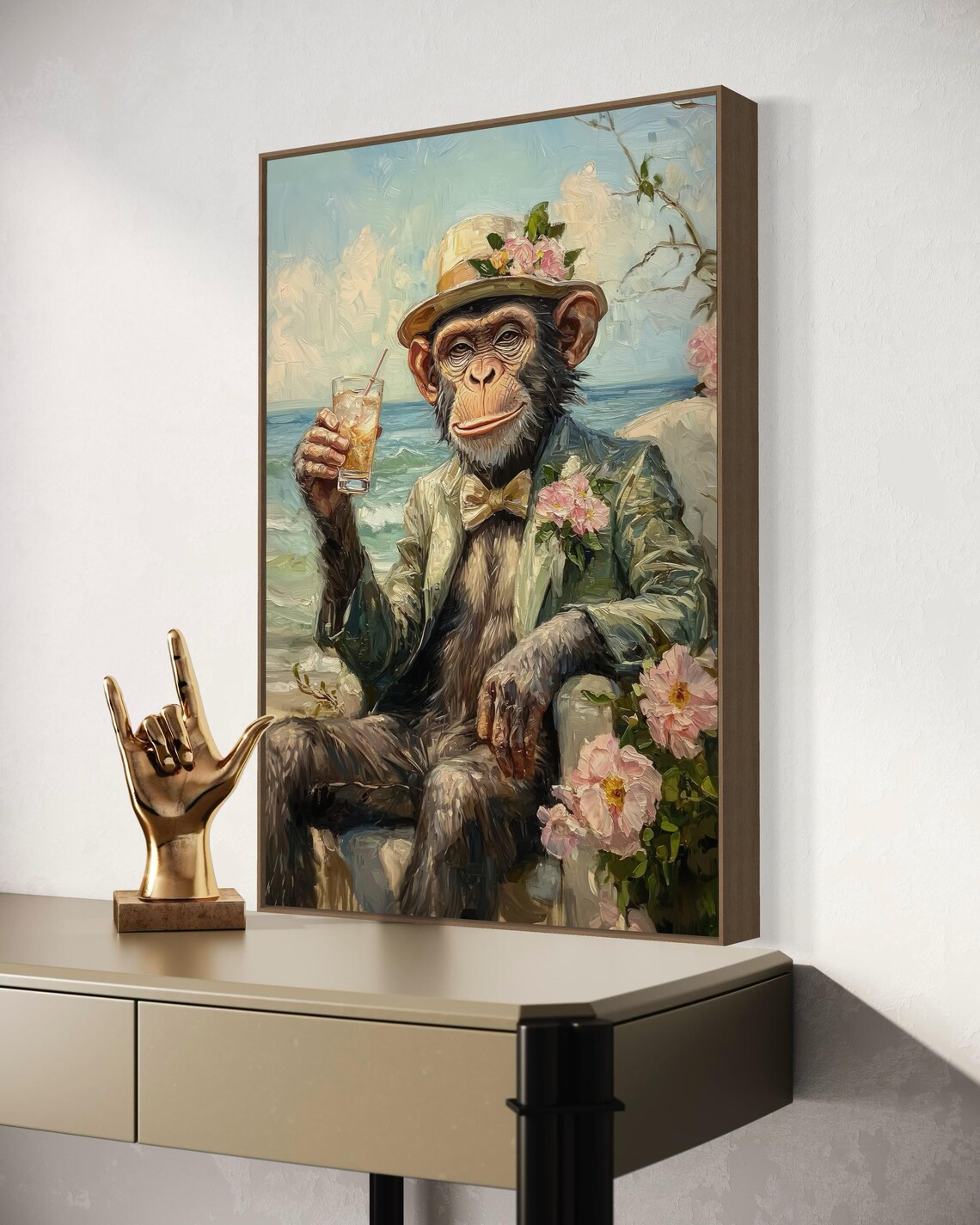 Dapper Chimpanzee In Suit With Cocktail Beachside Quirky Humor Art Poster - Image 4