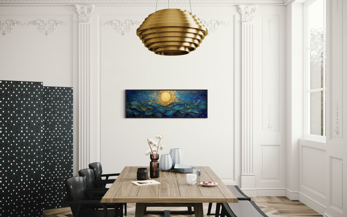 Stained Glass Ocean Waves Golden Sun Mosaic Panorama Wall Art - Image 3