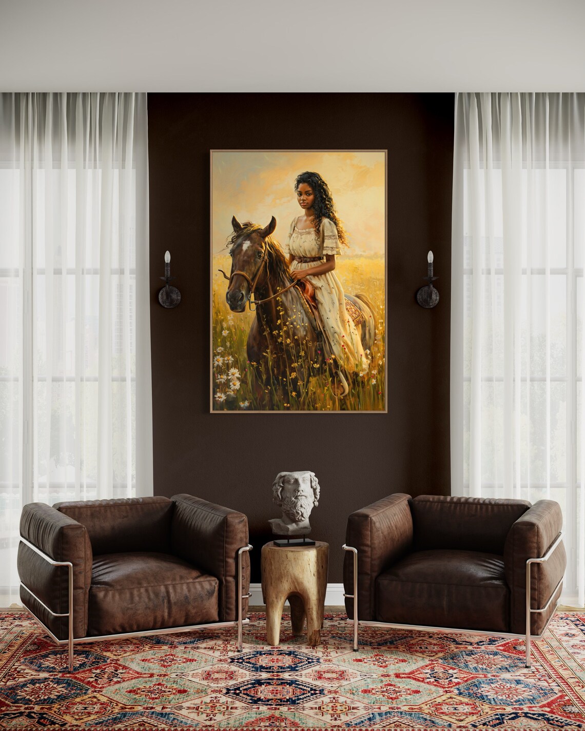 Black Woman Riding Horse in Golden Wildflower Meadow Vintage Poster - Image 5