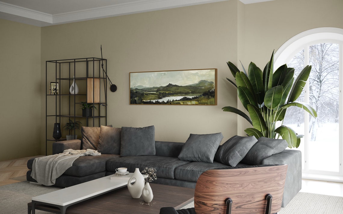 Rolling Hills Resplendence Atmospheric Castle Silhouette Over Mountain Lake Panoramic Landscape Art For Modern Home Decore - Image 2