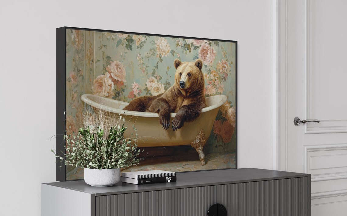 Grizzly Bear Lounging In Vintage Bathtub Floral Wallpaper Funny Art Poster - Image 3