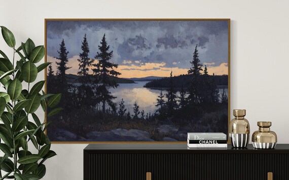 Twilight Lake Wall Art Serene Sunset Over Pine Tree Silhouettes Reflective Water Landscape Print For Rustic Lake House Decor