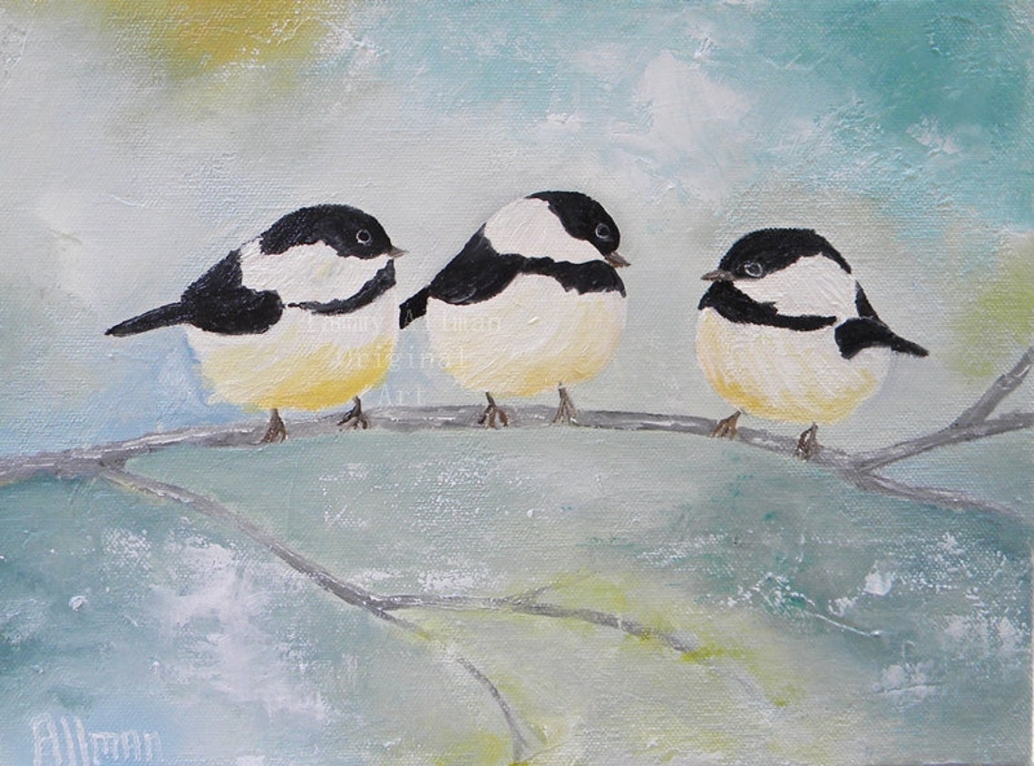 Three Chickadees on a Branch Impasto Oil Painting Bird Art Poster