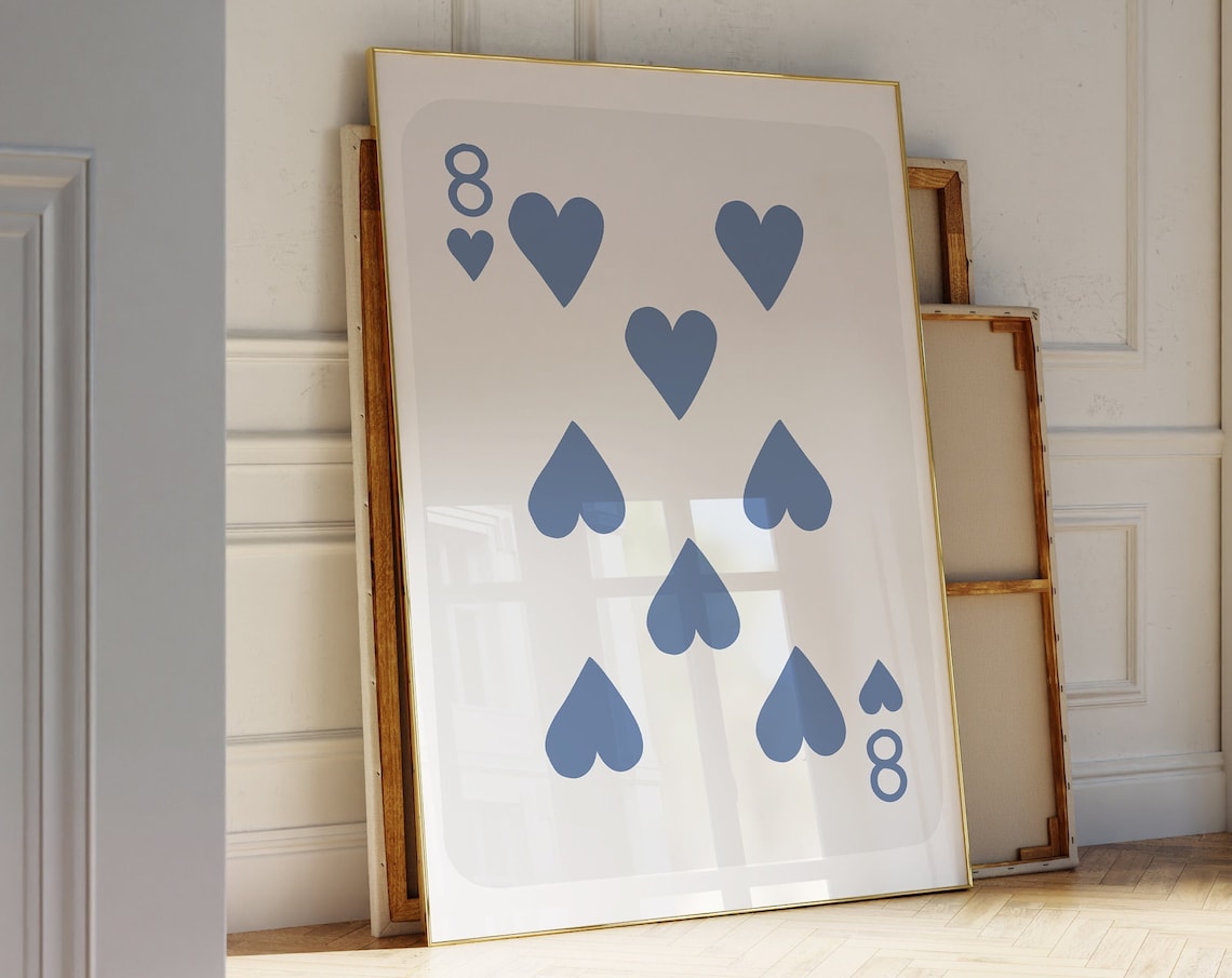 Blue Eight Of Hearts Retro Playing Card Art Print