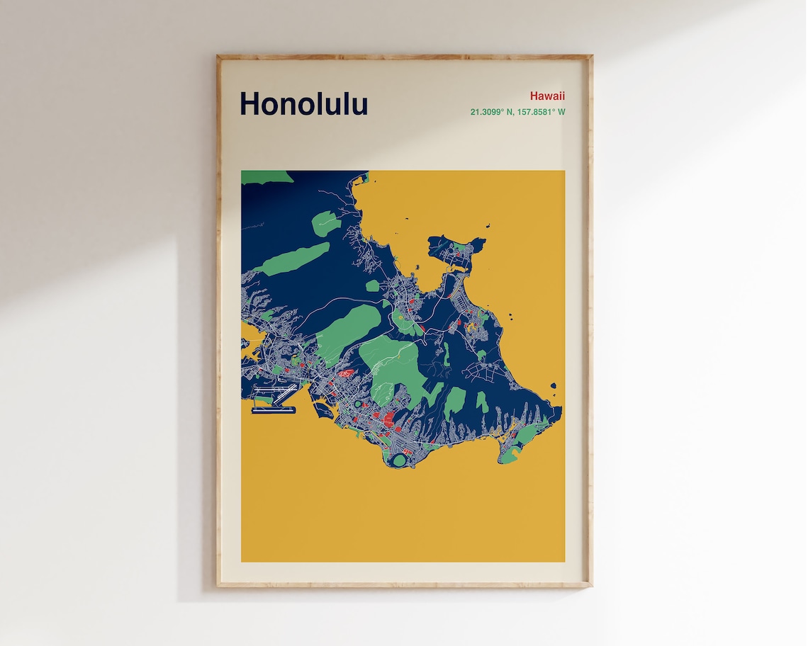 Honolulu Hawaii Navy Gold Minimalist City Street Map Decor Poster