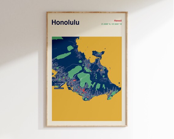 Honolulu Map Print Honolulu Hawaii Map Poster Colour Honolulu Map Wall Art Custom Colour Map Map Of Honolulu Custom Maps Available