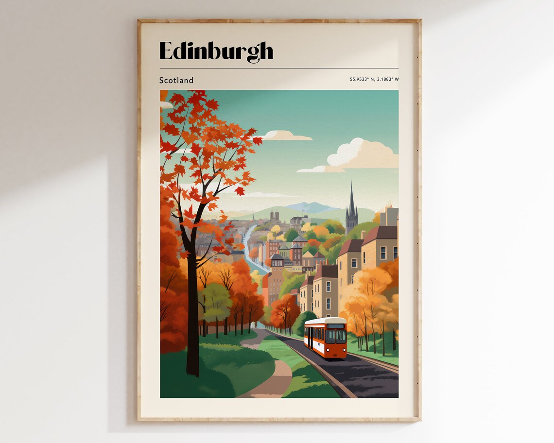 Edinburgh Scotland Autumn Tram Street City Travel Art Poster