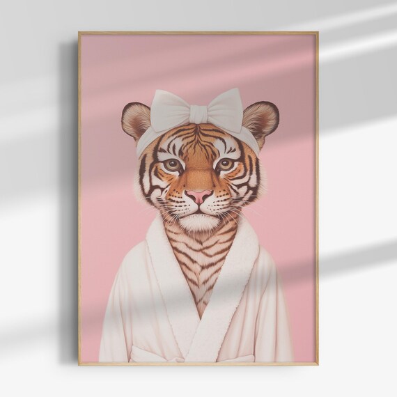 Tiger Cub In White Bathrobe And Bow Coquette Pink Bathroom Poster