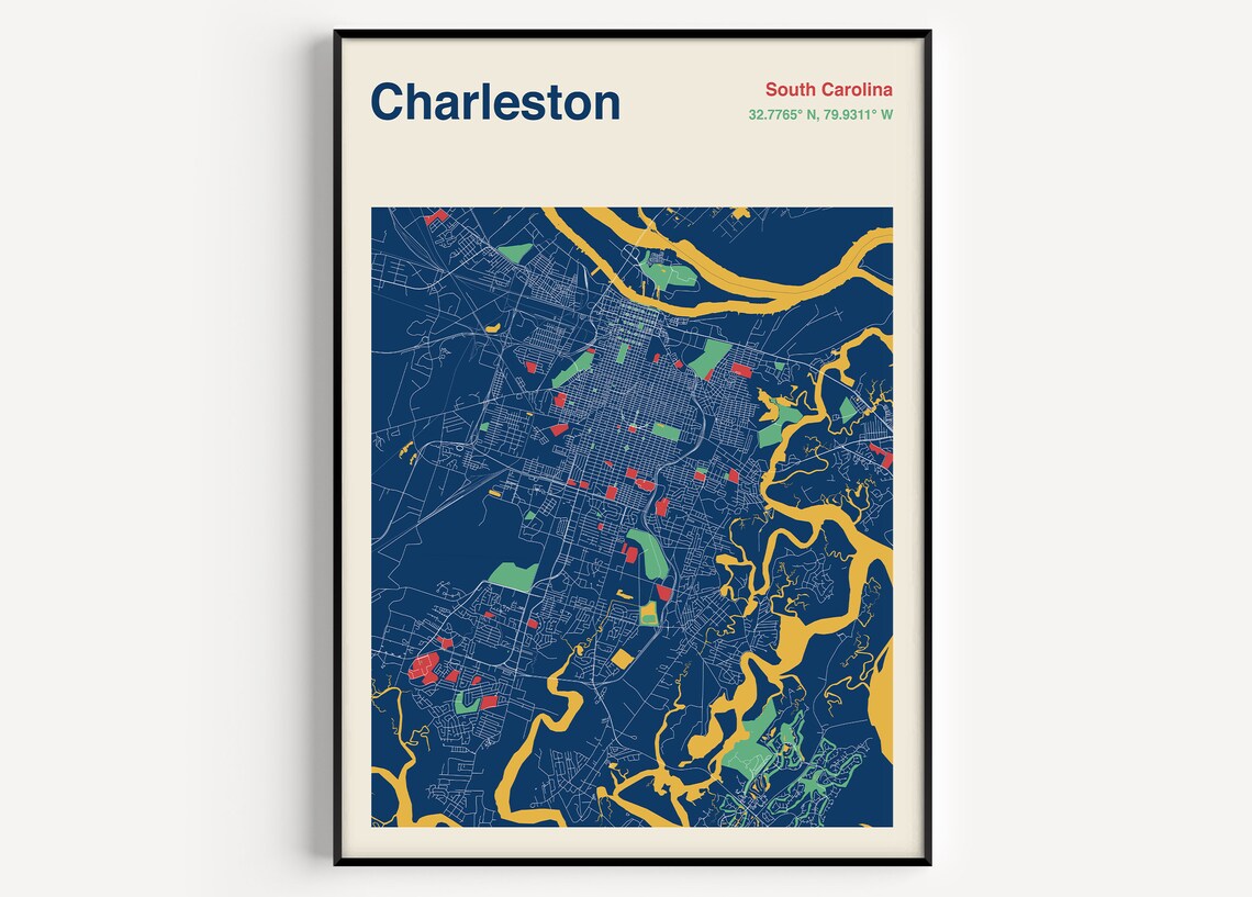 Charleston South Carolina Detailed Navy City Street Map Poster
