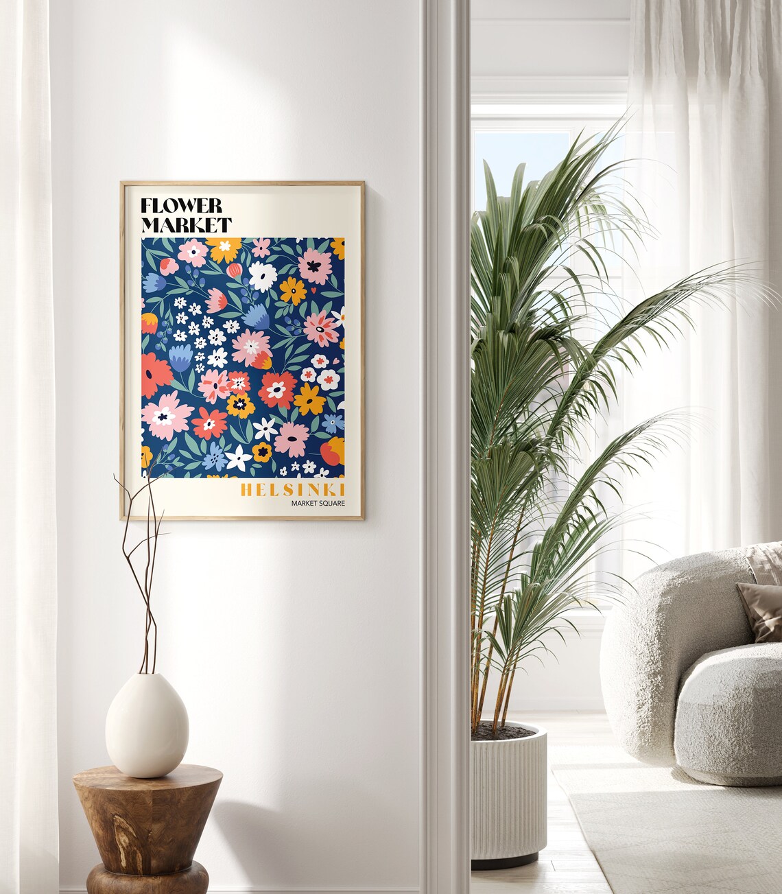 Helsinki Flower Market Market Square Retro Navy Colourful Bloom Poster - Image 2