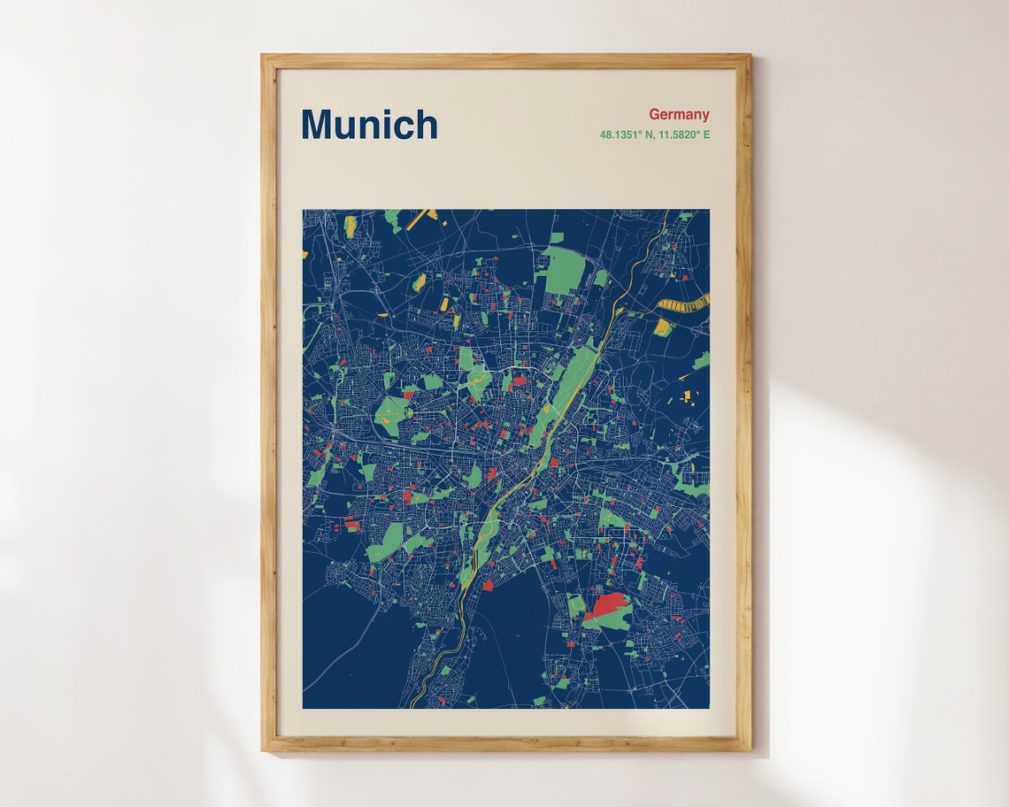 Munich Germany City Street Map Navy Blue Minimalist Art Print