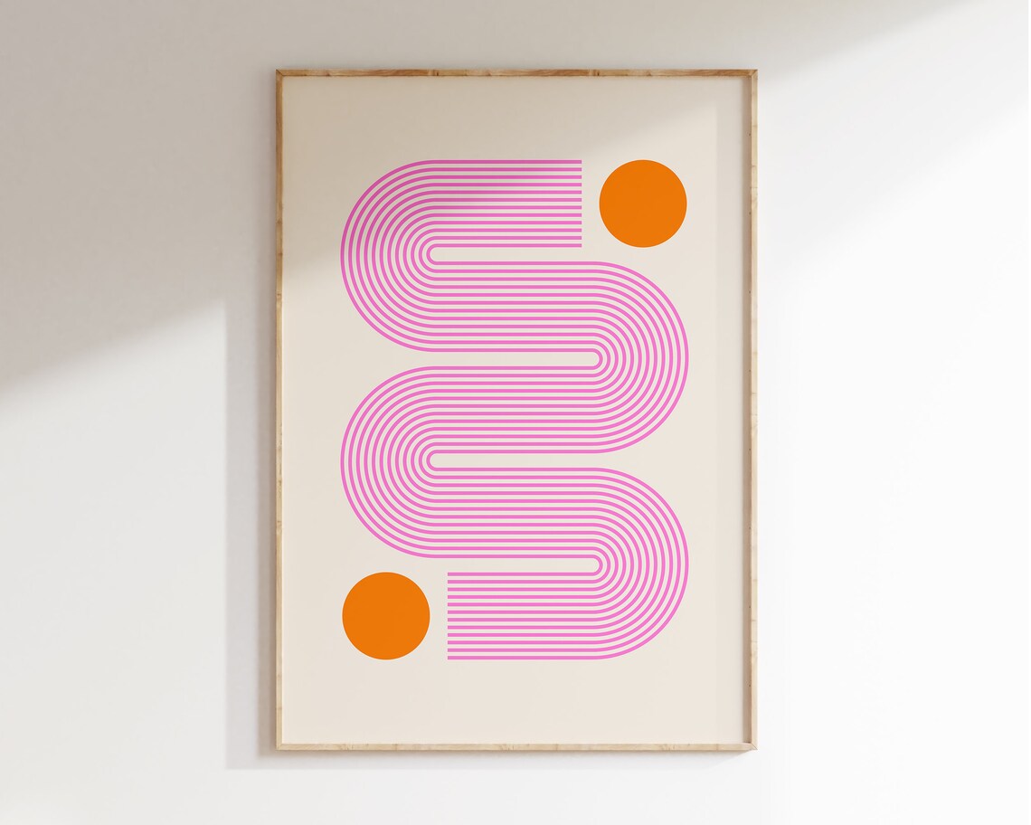 Retro Pink Wavy Lines 70s Art Print, Groovy