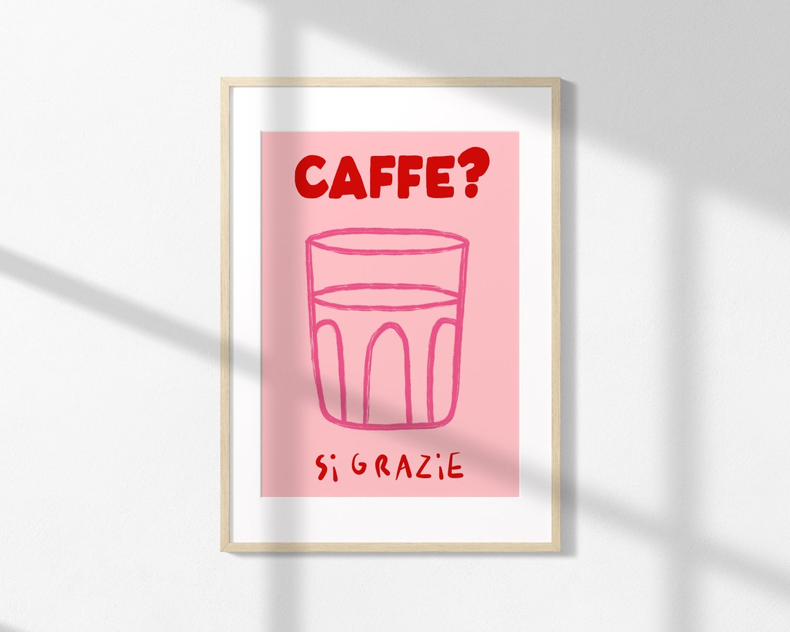 Caffe Si Grazie Pink and Red Retro Playful Coffee Humor Poster