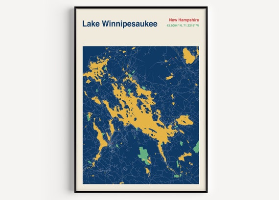 Lake Winnipesaukee Map Print Lake Winnipesaukee Map Poster Map Of Lake Winnipesaukee New Hampshire Map Custom Locations Available